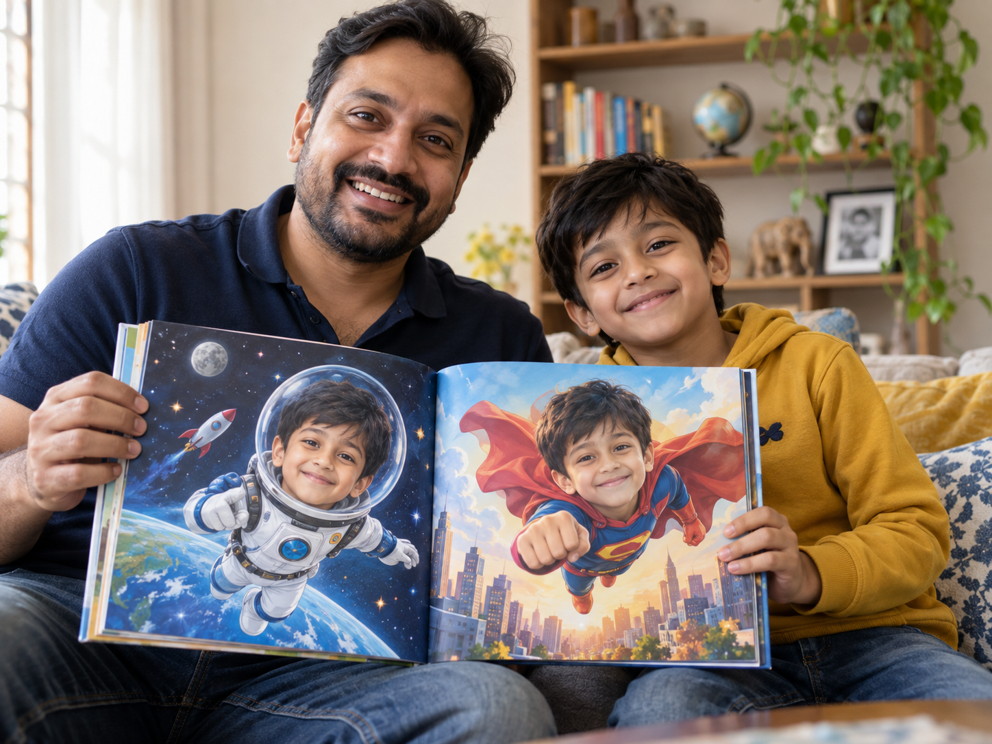 Indian father and son showing a personalised adventure book featuring the son