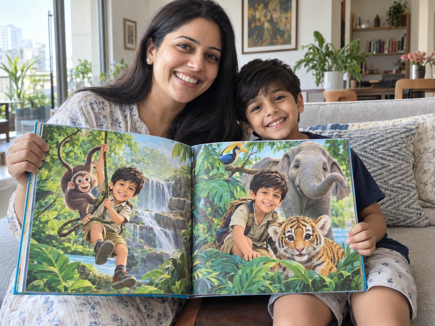 Indian mother and son showing a personalised jungle storybook featuring the son